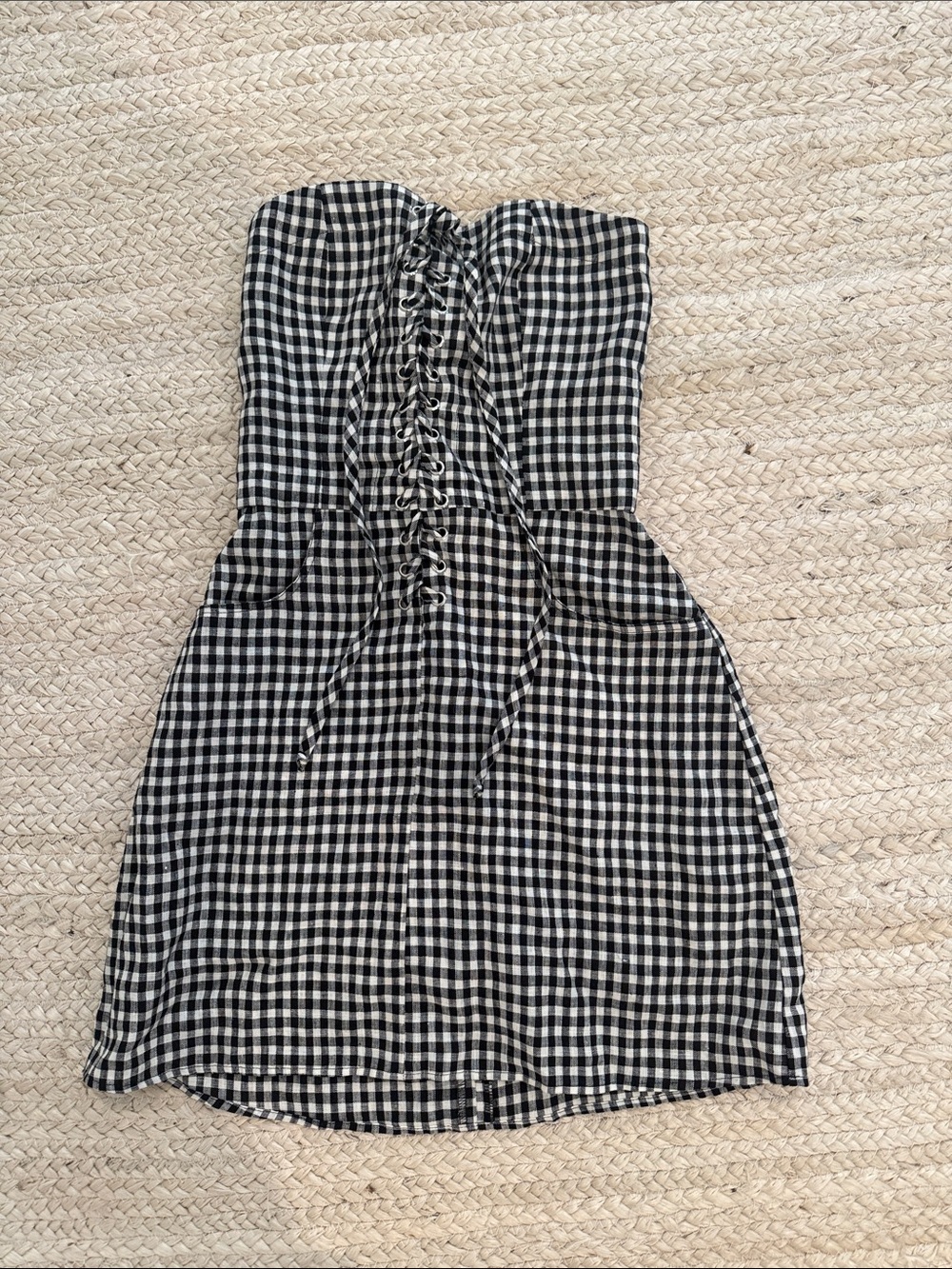 Reformation Black and White Gingham Strapless Mini Dress